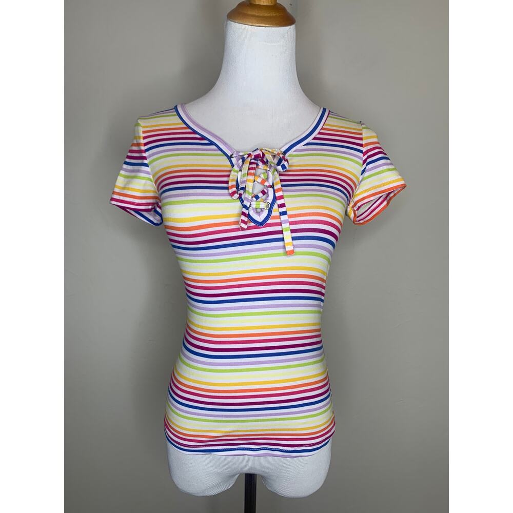 Kidcore Y2K Rainbow Striped Lace Up Front Shirt Sz XS